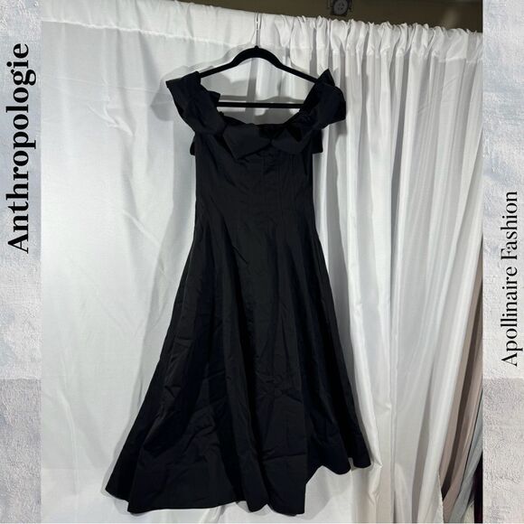 ANTHROPOLOGIE BY MAEVE OFF SHOULDER BOW MIDI DRESS IN BLACK SIZE 4 NEW - Picture 5 of 6